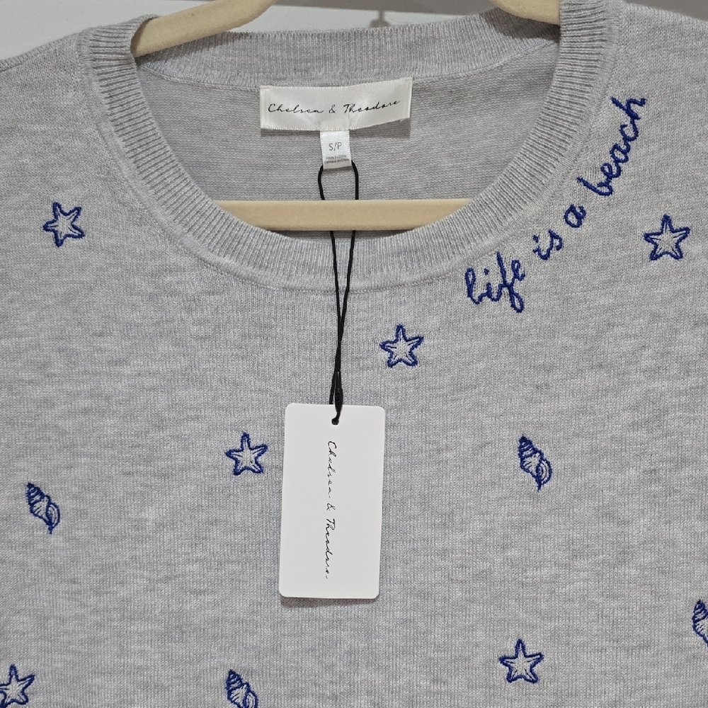 Chelsea & Theodore Light Gray Sweater with Royal blue Embroidery